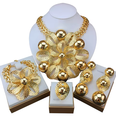 New Fashion Trendy Women Jewelry Set Brazilian Gold-Plated African Wedding Bridal Big Flower Pendant Necklace Gifts FHK18838 10 best sales brazilian gold jewelry set - №10