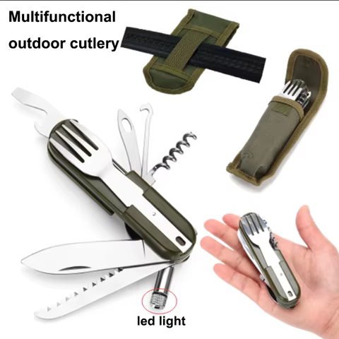 2022 Outdoor Portable Army Green Folding Camping Cutlery Knife Fork Spoon Bottle Opener Tableware Stainless Steel Pocket Cutlery 10 best sales fork and spoon - №2