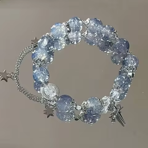 Niche Design Star Chain Tassel Bracelet for Women Fantasy Blue Crystal Beads Elastic Rope Bracelet Best Friend Jewelry Gifts 10 best sales blue bracelet for women - №6