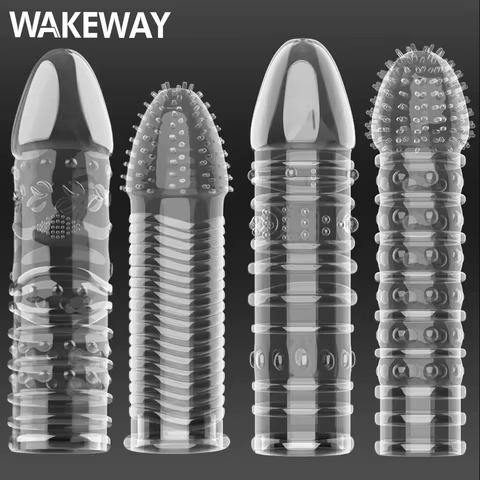 WAKEWAY Penis Covers Extender Men's Condoms Crystal Penis Condoms Finger Cock Ring Adult Sex Toy For Sex Male Longer Lasting 8 best sales extension for penis - №2