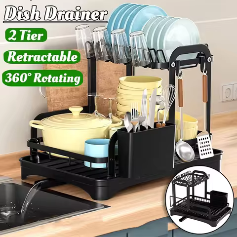 New 360° rotating storage rack double-layer kitchen tableware drying rack with drain tableware storage rack for tableware 10 best sales sink basket - №5
