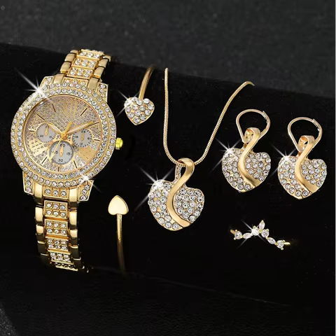 Women's Quartz Watch Gold Luxury Women Ring Necklace Earring Rhinestone Fashion Wristwatch Casual Ladies Watches Jewelry Set 10 best sales swiss military watches - №8