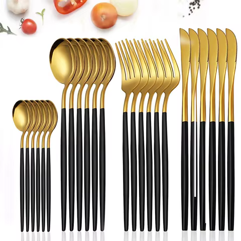 24Pcs Stainless Steel Dinnerware Set Black Gold Cutlery Spoon Fork Knife Western Cutleri Silverware Flatware Tableware Supplies 10 best sales fork and spoon - №9