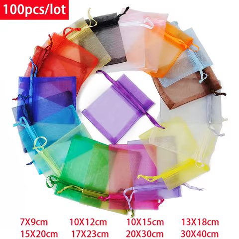100Pcs/lot 7x9 9x12 10x15 13x18CM Organza Bags Jewelry Bag Wedding Party Decoration Drawable Bags Gift Pouches Jewelry Packaging 10 best sales mug gift box - №3