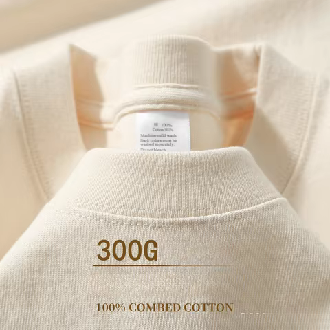 Beige 300g Heavyweight Cotton Short Sleeved T-shirt Summer Round Neck Loose and Base Shirt for Men Women Basic Tee 12 best sales donetsk - №2