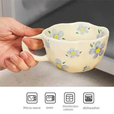 Ceramic Mugs Coffee Cups Hand Pinched Irregular Flower Milk Tea Cup ins korean style Oatmeal Breakfast Mug Drinkware Kitchen 6 best sales asian cup - №2
