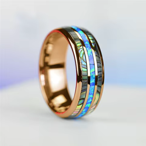 Fashion 8mm Rose Gold Color Tungsten Wedding Men Stainless Steel Rings Inlay Abalone Shell Blue Opal Rings Men Wedding Jewelry 12 best sales abalone shell ring - №1