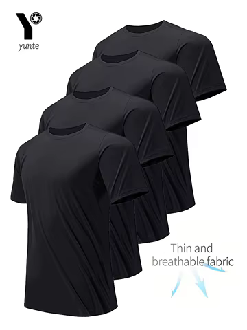 Round Neck T-Shirt 4-Pack Black Ultra-Light Men's Quick Drying Breathable Sweat-Absorbent Shirt Suitable for Fitness Gym and Run 12 best sales donetsk - №6