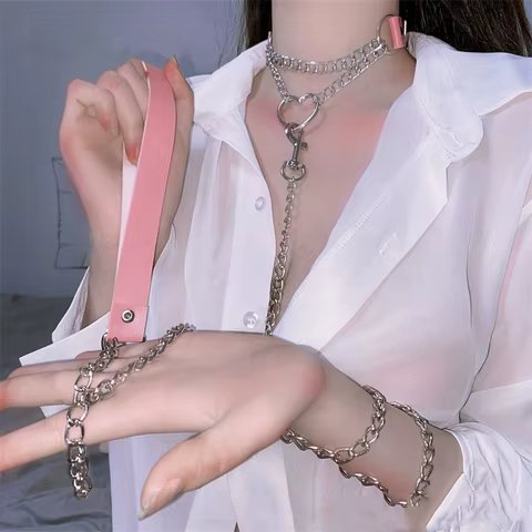PU Leather Collar With A Leash Cosplay Metal Chain Heart Pendant Necklace Jewelry Punk Bdsm Slave Gothic Goth Choker For Woman 8 best sales bdsm neck - №4