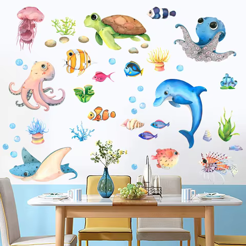 Cartoon Marine Life Wall Stickers for Kids room Bathroom Wall Tile Decals Octopus Sea Turtle Fish Wall Posters Home Decoration 10 best sales octopus decor - №9