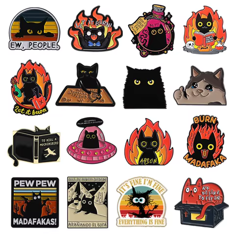 Cartoon Black Cat Enamel Pins PEW PEW MADAFAKAS Big Eyes Kitten Cute Animal Brooches Lapel Badge Jewelry Gifs For Cat Lovers 8 best sales bear enamel pin - №7