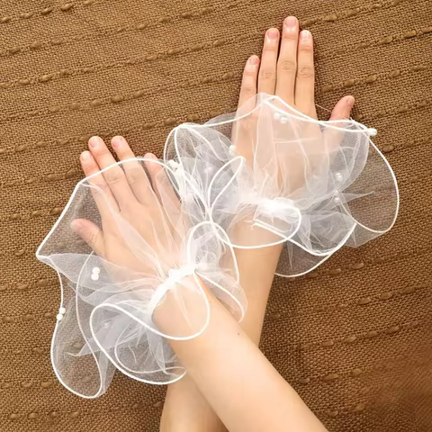 1Pair Detachable Cuffs Pearl Lace Mesh Fake Flared Sleeves Women Pleated False Cuffs Wristband Wrist Warmers 12 best sales removable sleeves - №1