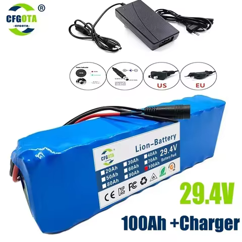 18650 Rechargeable Lithium Battery Pack 7S3P 29.4V 100Ah with BMS Suitable for 24V - 29.4V motors+2A Charger 6 best sales 18650 7s3p battery pack - №4