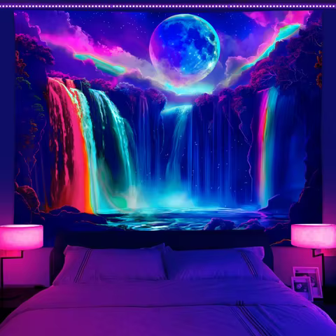 1PC Colorful Waterfall UV Response tapestry, Moon Night Sky Natural Landscape Black Light Home Decoration tapestry 10 best sales fall decoration - №7