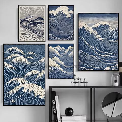 Linocut Sea Ocean Japan Retro Waves Line Minimalist Posters Penguin Prints Canvas Painting Wall Art Pictures Home Room Decor 8 best sales linocut - №7
