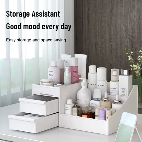 1pc White New Drawer Makeup Storage Box Dormitory Finishing Plastic Shelf Cosmetics Skin Care Dressing Table Desktop 6 best sales luxury makeup organizer - №6