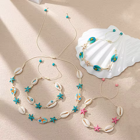 1PC Shell Ocean Jewelry Braided Bracelets White & Blue Star Fish Cross Bracelet Summer Fashion Jewelry for Women Gifts 6cm Dia. 10 best sales blue bracelet for women - №8