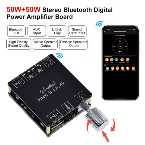 2*50W Bluetooth 5.0 Power Amplifier Class D Audio 10W~100W HiFi Stereo Wireless Music Player Mini USB Sound Card App Digital AMP 10 best sales amplifier class d - №10