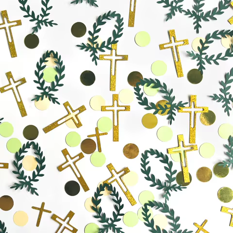 Church Wedding baby shower Confetti Cross Bible Table Scatter Green leaves Sequins Birthday Holy Communion DIY Party Supplies 12 best sales confetti wedding - №12