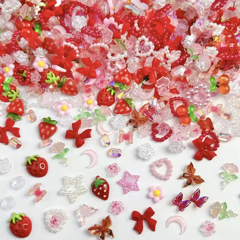 100PCS Random Mixed Strawberry Flowers Nail Charms Sweet Resin Flatback Moon Nail Art Decoration Accessories Manicure DIY 10 best sales strawberry nails - №9