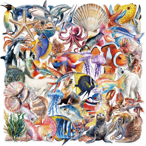 50PCS Marine Life Stickers Octopus Shell Fish DIY Scrapbooking Stationary Travel Luggage Car Laptop Waterproof PET Sticker 10 best sales octopus decor - №3