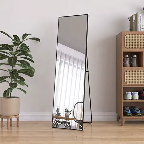 140x40cm Full Body Mirror, HD Large Floor Mirror with Black Metal Frame, with Reinforced Glass, Wall Mirror or Standing Mirror 12 best sales floor length mirror - №1