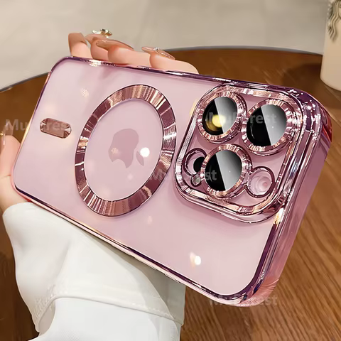 Luxury For Magsafe Magnetic For iPhone 17 16 15 14 13 12 11 Pro Max Plus 17 Air Transparent Pink Soft Lens Protection Case Cove 8 best sales pink phone cases - №8
