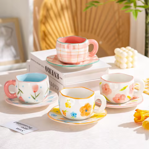300ML Cute Hand Pinched Irregular Ceramic mug Flower Heart Pattern Coffee Cup Breakfast Milk tea cups Gift For Kids Girls 8 best sales kids mugs - №2
