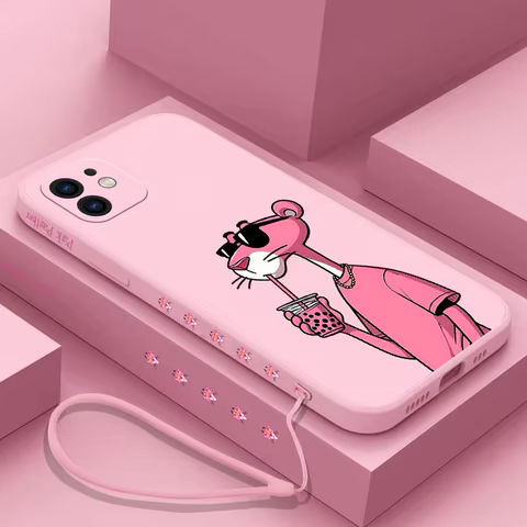 Cartoon Phone Case For iPhone 16 15 14 13 12 11 Pro Max Mini X XR XSMAX 8 7 6S Plus Soft Silicone With Hand Strap Pinks Panthers 10 best sales pink mobile phone - №8