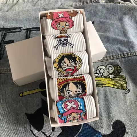 5Pair Anime One Piece Socks Cartoon Luffy Chopper Student Cotton White Long Short Boat Socks Printed Knitted Socks Children Gift 12 best sales spongebob bracelet - №7