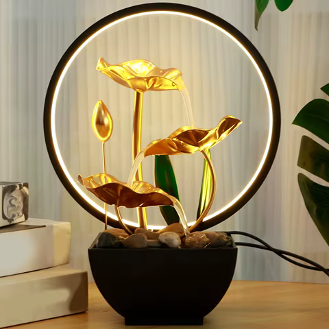 Tabletop Water Fountain USB Powered Relaxation Desktop Waterfall Fountain With Natural Rocks And LED Ring Lights For Home Decor 10 best sales fall decoration - №6