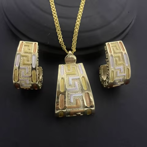 Italian Brazilian 24K Gold Plated Copper Jewelry Set for Women Earrings Pendant Necklace Romantic Bridal Wedding Party Gifts 10 best sales brazilian gold jewelry set - №5