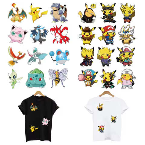 12PCS Pikachu Anime Cute Cartoon Hot Melt Adhesive Transfer Paste Clothing Stickers DIY Children's T-shirt Hot Stamping Patch 6 best sales pokemon iron on transfers - №1