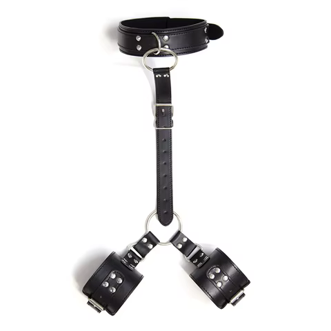 Black Leather Bdsm Bondage Set Reverse Bdsm Collar Handcuffs Sexy Toys For Couples Women Slave Restraints Set Adult Toys 12 best sales slave chains and shackles - №9
