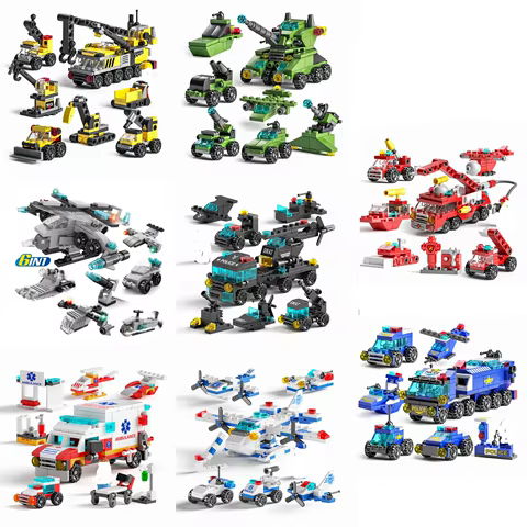 Mini size 6 In 1 Building Blocks DIY Police Car Fire Truck Castle Model Bricks Kids Educational Toys Gifts 12 best sales blocks castle - №5