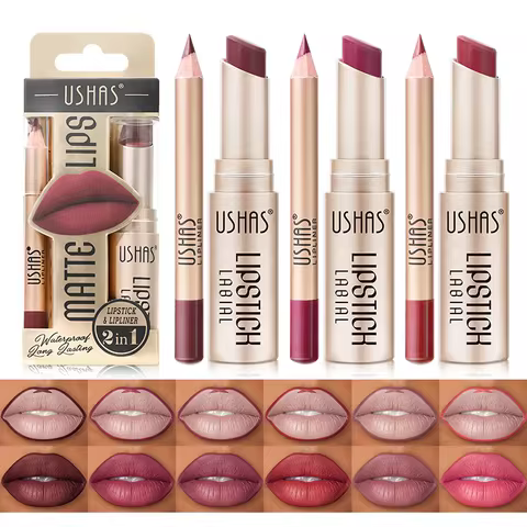 USHAS 12 Color Lip Liner + LIPSTICK Set Easy Coloring Matte Lipstick Long lasting nude red lipstick 10 best sales sexy lipstick - №1