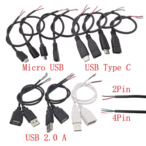 1Pcs Micro USB/Type C/USB 2.0 A Male Female Plug Wire Connector USB Power Supply Cable 2/4 Pin DIY Charging Data Extension Cords 10 best sales plug micro usb - №9