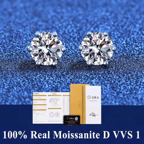 GRA 100% Real Sterling Silver With 2 Certificates Moissanite 6 prong Earrings D Color Stud For Women Top Quality Wedding Jewelry 6 best sales gemstone earrings - №1