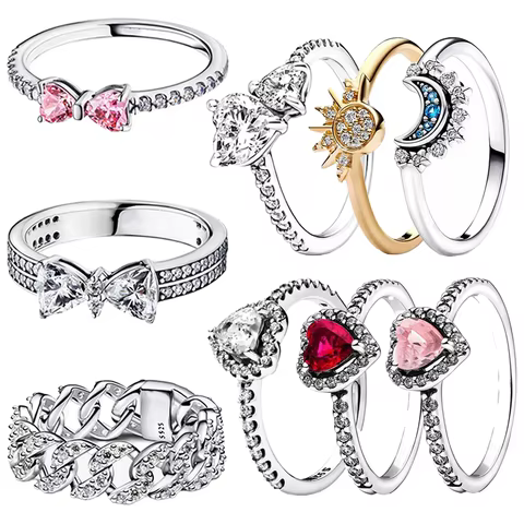Original 925 Sterling Silver Ring Bow Heart Sun Moon With Colorful Crystal Rings For Women Valentine's Birthday Gift DIY Jewelry 10 best sales silver moon ring - №6