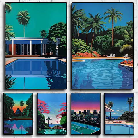 Hiroshi Nagai Japan Pool Palm Sunset Purple Posters Prints Vaporwave Wall Art Canvas Painting Nordic Pictures Living Room Decor 8 best sales vaporwave - №4