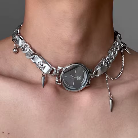 Handmade Niche Watch Pendant Spliced Copper Gemstone Cyberpunk Design Sense of Women's Necklace 12 best sales watch choker - №11