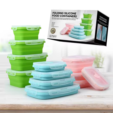 4 Pack Silicon Lunch Box Flat Stacks Collapsible Food Storage Containers With Lids Leftover Meal Box For Kitchen BPA Free 8 best sales meal - №2