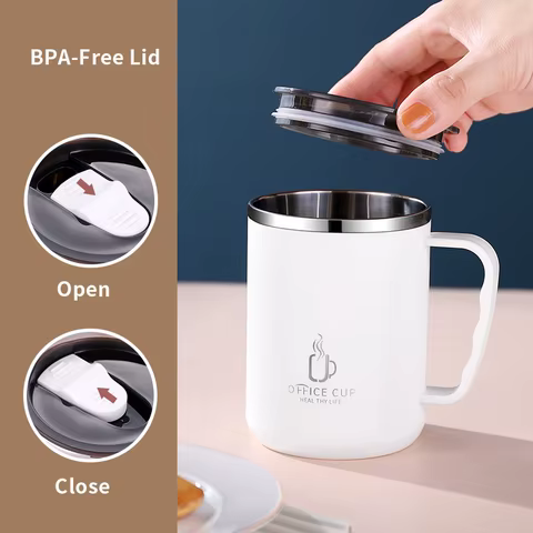 500ml/17oz 304 Stainless Steel Water Bottle Double Layers Coffee Mug Milk Cup With Plastic Lid And Handle 8 best sales stainless steel espresso cup - №7