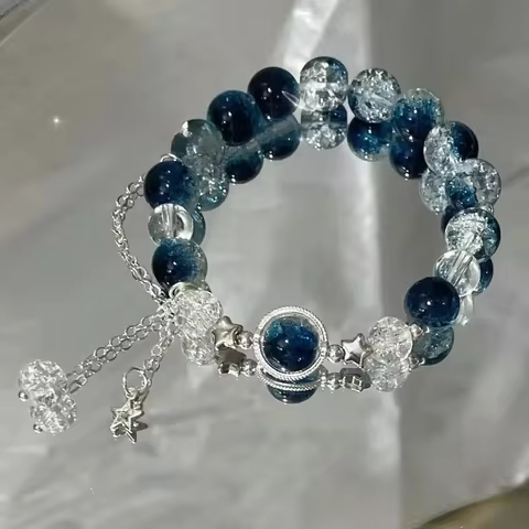 Niche Design Star Chain Tassel Bracelet for Women Fantasy Blue Crystal Beads Elastic Rope Bracelet Best Friend Jewelry Gifts 10 best sales blue bracelet for women - №4