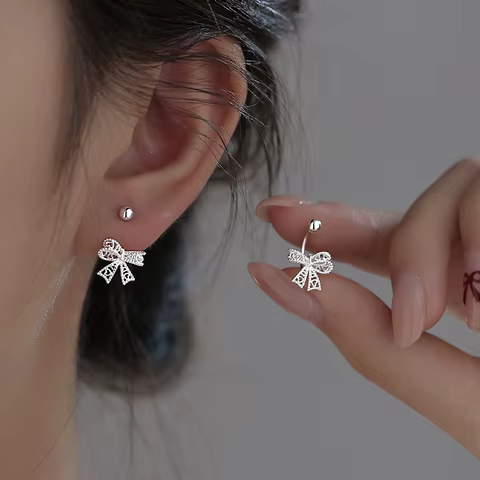 Real 925 Sterling Silver Lace Heart Hollow Bow Screw Buckle Puncture Stud Earrings for Women Fine Jewelry Minimalist Accessories 6 best sales bow jewelry - №6