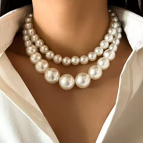 2 Women's European And American Trendy Double Row Large Pearl Necklaces For Outdoor Travel Parties, Holiday Gifts -802057 10 best sales double pearl necklace - №6
