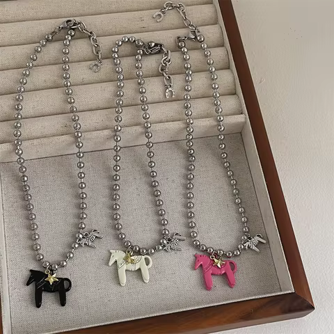 LATS White Black Green Blue Pink Color Enamel Colt Horse Pendant Necklaces for Women Silver Plated Alloy Beads Chain Chokers 10 best sales stainless steel dog collar - №10