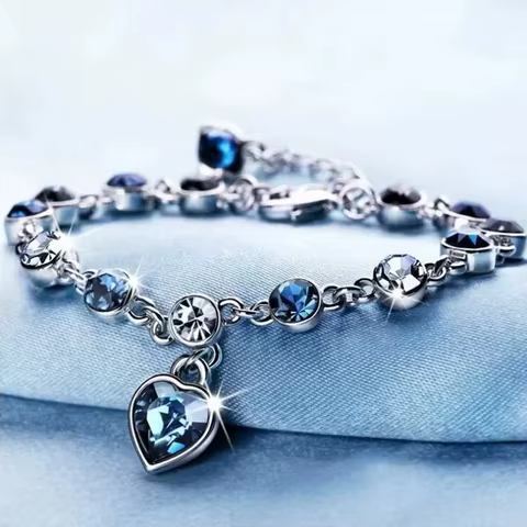 Women Silver Color Lucky Bracelet Female Blue Crystal Heart Charm Pulseras Bracelet Bridal Wedding Engagement Fine Jewelry Gift 10 best sales blue bracelet for women - №3