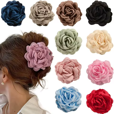 16 Colors Sweat Medium Size Cotton Fabric Rose Flower Hair Claw Clips for Women Korean Ctach Shark Clamp Hair Accessories 2024 10 best sales large flower hair claw clips - №10