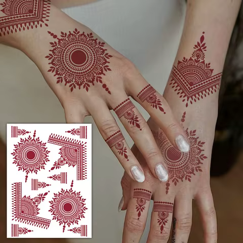 Red Lace Henna Waterproof Temporary Tattoo Sticker Mandala Flower Body Art Arm Fake Tato Sleeve Women Men Wedding Party Festival 8 best sales henna stickers - №4
